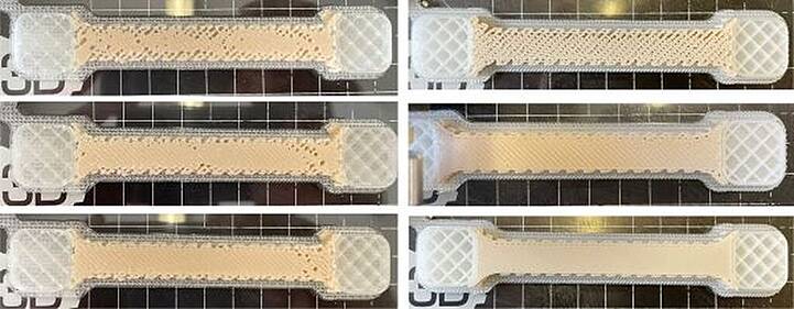 Ein Stützkunststoff aus 40 % PHBV, 10 % PEG und 50 % hochfeinem Kochsalz (im Bild die drei Prüfstäbe rechts) hatte die besten Eigenschaften für den 3D-Druck. Das Compound ist in Meerwasser vollständig biologisch abbaubar.